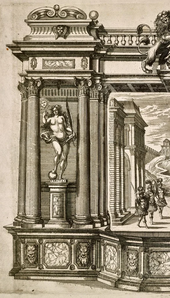 An illustration from Die uber alle Tugende triumphirende Tugend der Beständigkeit : wie dieselbe bey Anwesenheit verschiedener hoch-fürstlich, fürstlich- und gräflicher Personen den __ Februarii, 1684, auf dem ChurPfältzischen Residentz-Schlosz zu Heydelberg vorgestellet und praesentiret worden, 1684, leaf 31