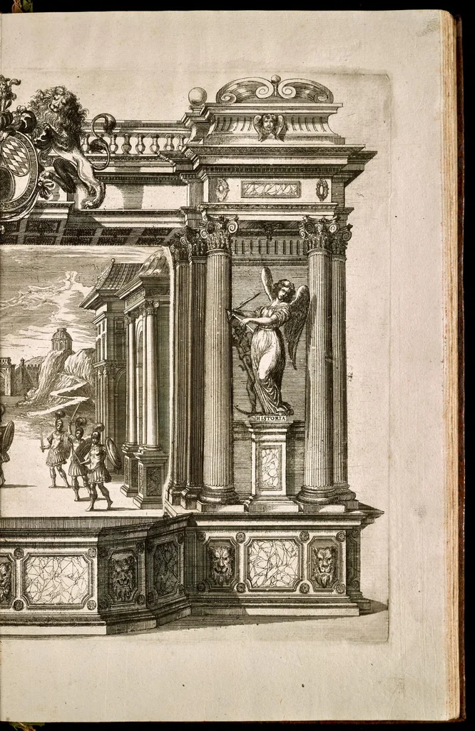 An illustration from Die uber alle Tugende triumphirende Tugend der Beständigkeit : wie dieselbe bey Anwesenheit verschiedener hoch-fürstlich, fürstlich- und gräflicher Personen den __ Februarii, 1684, auf dem ChurPfältzischen Residentz-Schlosz zu Heydelberg vorgestellet und praesentiret worden, 1684, leaf 32