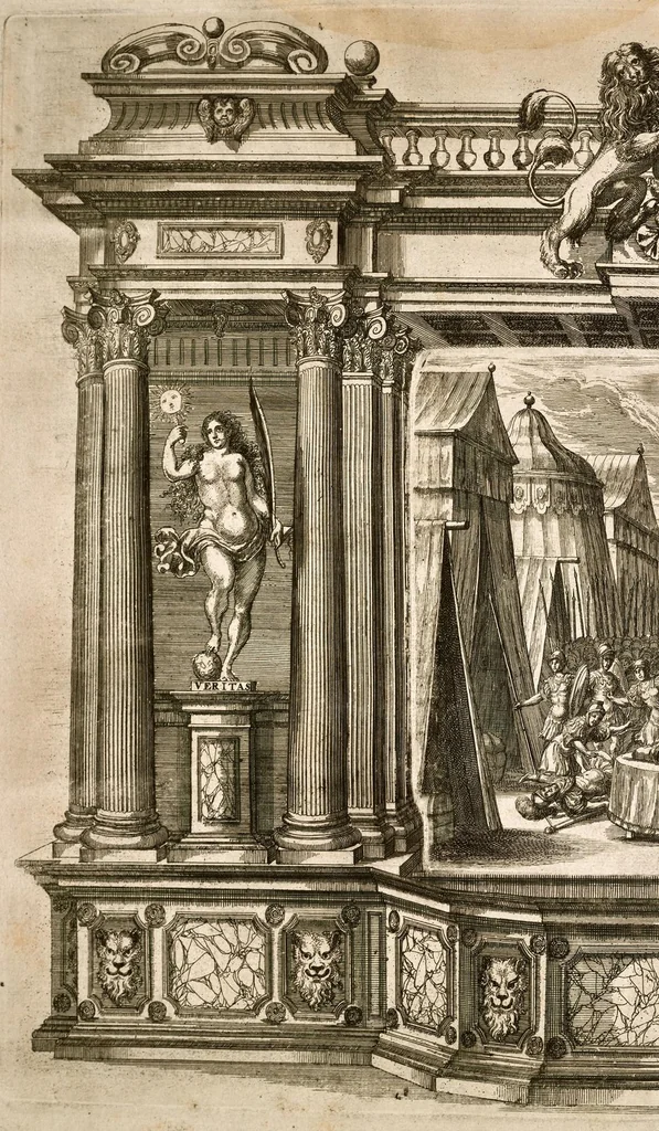 An illustration from Die uber alle Tugende triumphirende Tugend der Beständigkeit : wie dieselbe bey Anwesenheit verschiedener hoch-fürstlich, fürstlich- und gräflicher Personen den __ Februarii, 1684, auf dem ChurPfältzischen Residentz-Schlosz zu Heydelberg vorgestellet und praesentiret worden, 1684, leaf 37