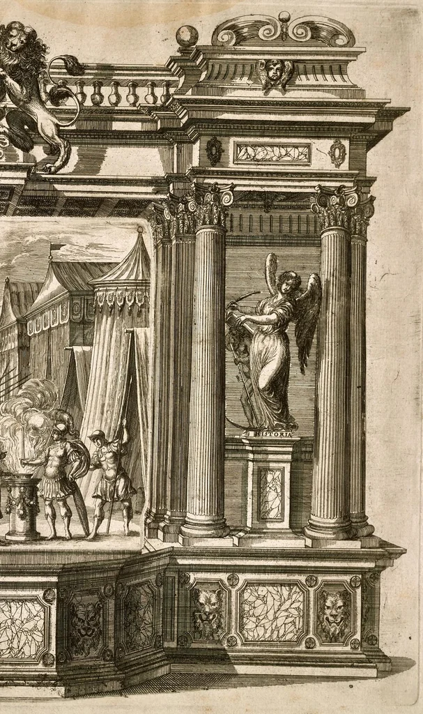 An illustration from Die uber alle Tugende triumphirende Tugend der Beständigkeit : wie dieselbe bey Anwesenheit verschiedener hoch-fürstlich, fürstlich- und gräflicher Personen den __ Februarii, 1684, auf dem ChurPfältzischen Residentz-Schlosz zu Heydelberg vorgestellet und praesentiret worden, 1684, leaf 38