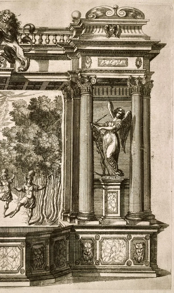 An illustration from Die uber alle Tugende triumphirende Tugend der Beständigkeit : wie dieselbe bey Anwesenheit verschiedener hoch-fürstlich, fürstlich- und gräflicher Personen den __ Februarii, 1684, auf dem ChurPfältzischen Residentz-Schlosz zu Heydelberg vorgestellet und praesentiret worden, 1684, leaf 46