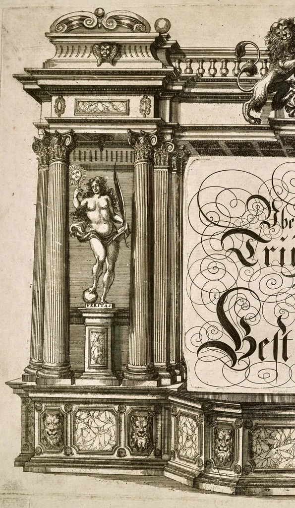 An illustration from Die uber alle Tugende triumphirende Tugend der Beständigkeit : wie dieselbe bey Anwesenheit verschiedener hoch-fürstlich, fürstlich- und gräflicher Personen den __ Februarii, 1684, auf dem ChurPfältzischen Residentz-Schlosz zu Heydelberg vorgestellet und praesentiret worden, 1684, leaf 5