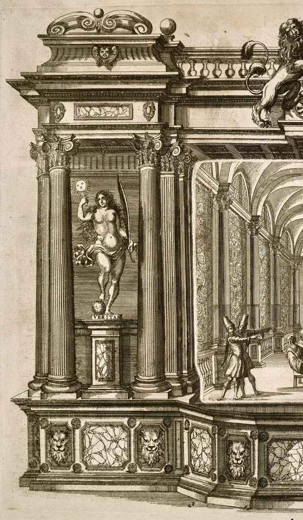 An illustration from Die uber alle Tugende triumphirende Tugend der Beständigkeit : wie dieselbe bey Anwesenheit verschiedener hoch-fürstlich, fürstlich- und gräflicher Personen den __ Februarii, 1684, auf dem ChurPfältzischen Residentz-Schlosz zu Heydelberg vorgestellet und praesentiret worden, 1684, leaf 51