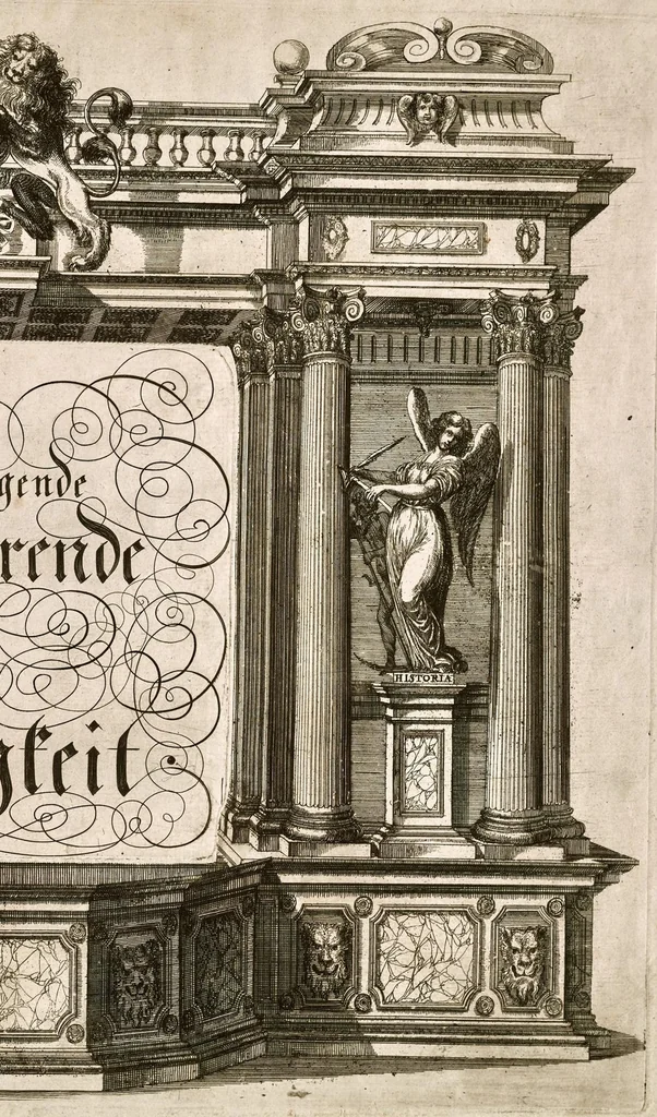 An illustration from Die uber alle Tugende triumphirende Tugend der Beständigkeit : wie dieselbe bey Anwesenheit verschiedener hoch-fürstlich, fürstlich- und gräflicher Personen den __ Februarii, 1684, auf dem ChurPfältzischen Residentz-Schlosz zu Heydelberg vorgestellet und praesentiret worden, 1684, leaf 6