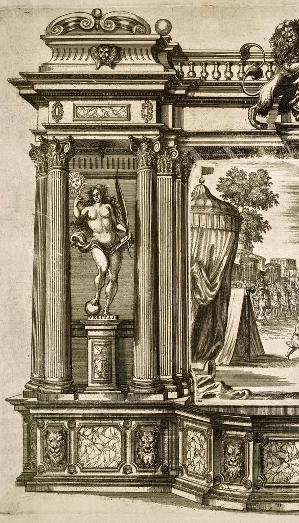 An illustration from Die uber alle Tugende triumphirende Tugend der Beständigkeit : wie dieselbe bey Anwesenheit verschiedener hoch-fürstlich, fürstlich- und gräflicher Personen den __ Februarii, 1684, auf dem ChurPfältzischen Residentz-Schlosz zu Heydelberg vorgestellet und praesentiret worden, 1684, leaf 63