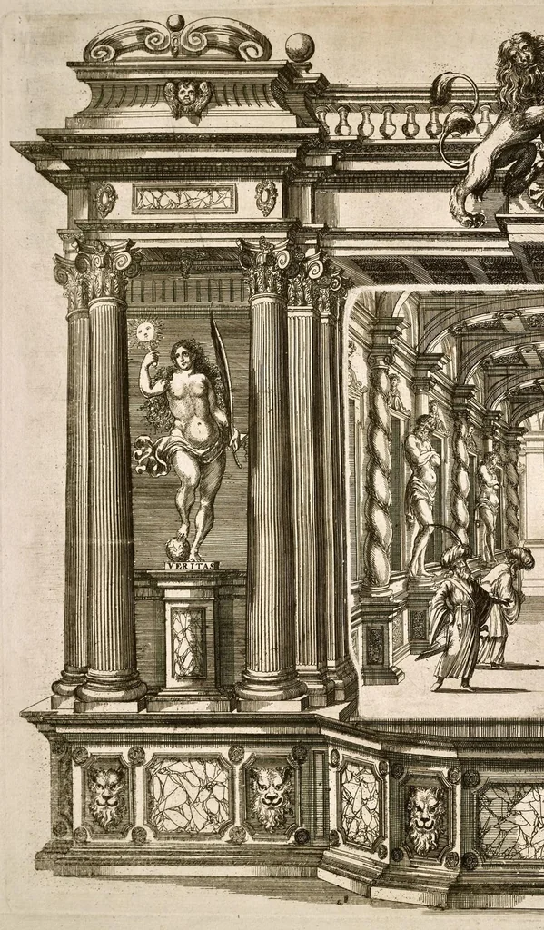 An illustration from Die uber alle Tugende triumphirende Tugend der Beständigkeit : wie dieselbe bey Anwesenheit verschiedener hoch-fürstlich, fürstlich- und gräflicher Personen den __ Februarii, 1684, auf dem ChurPfältzischen Residentz-Schlosz zu Heydelberg vorgestellet und praesentiret worden, 1684, leaf 69