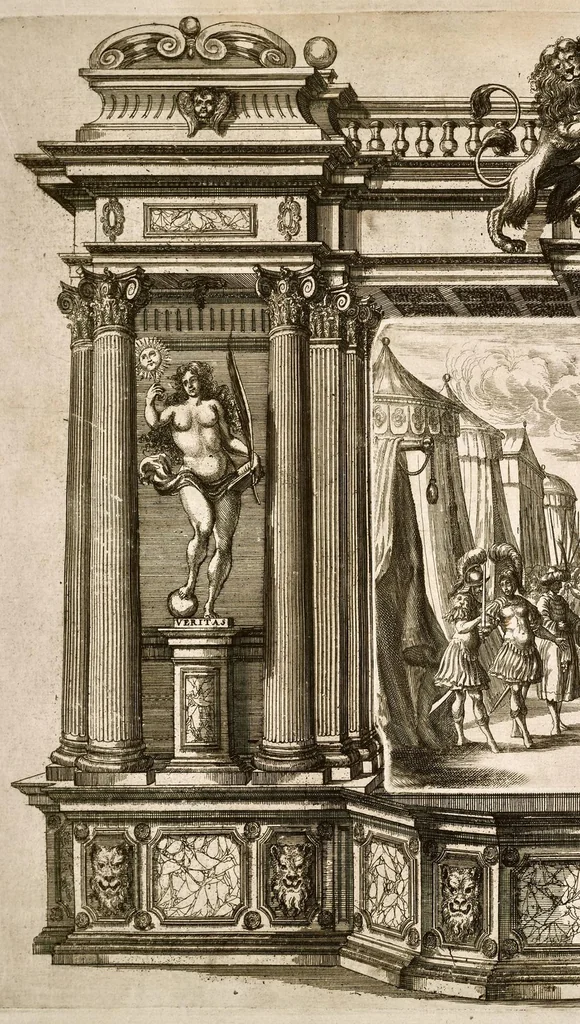 An illustration from Die uber alle Tugende triumphirende Tugend der Beständigkeit : wie dieselbe bey Anwesenheit verschiedener hoch-fürstlich, fürstlich- und gräflicher Personen den __ Februarii, 1684, auf dem ChurPfältzischen Residentz-Schlosz zu Heydelberg vorgestellet und praesentiret worden, 1684, leaf 75