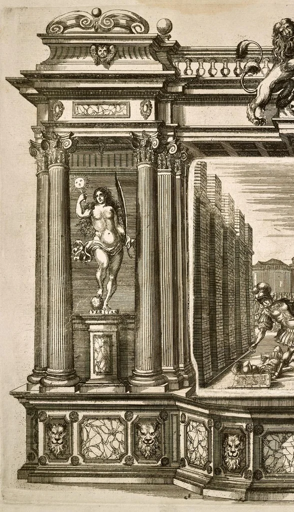 An illustration from Die uber alle Tugende triumphirende Tugend der Beständigkeit : wie dieselbe bey Anwesenheit verschiedener hoch-fürstlich, fürstlich- und gräflicher Personen den __ Februarii, 1684, auf dem ChurPfältzischen Residentz-Schlosz zu Heydelberg vorgestellet und praesentiret worden, 1684, leaf 83