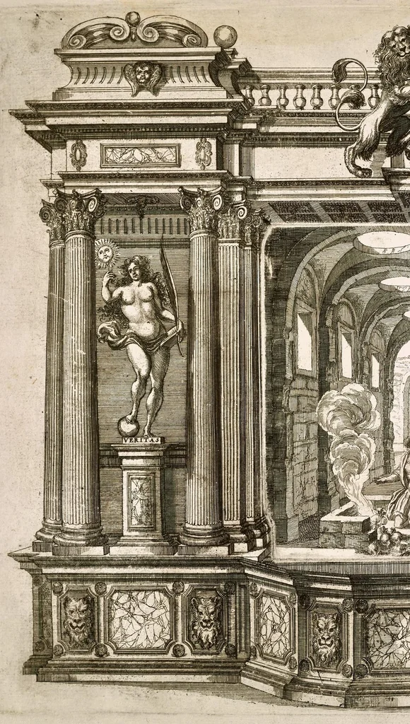 An illustration from Die uber alle Tugende triumphirende Tugend der Beständigkeit : wie dieselbe bey Anwesenheit verschiedener hoch-fürstlich, fürstlich- und gräflicher Personen den __ Februarii, 1684, auf dem ChurPfältzischen Residentz-Schlosz zu Heydelberg vorgestellet und praesentiret worden, 1684, leaf 89