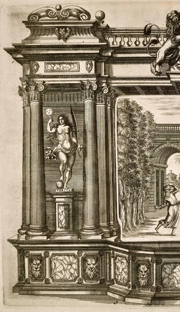 An illustration from Die uber alle Tugende triumphirende Tugend der Beständigkeit : wie dieselbe bey Anwesenheit verschiedener hoch-fürstlich, fürstlich- und gräflicher Personen den __ Februarii, 1684, auf dem ChurPfältzischen Residentz-Schlosz zu Heydelberg vorgestellet und praesentiret worden, 1684, leaf 95