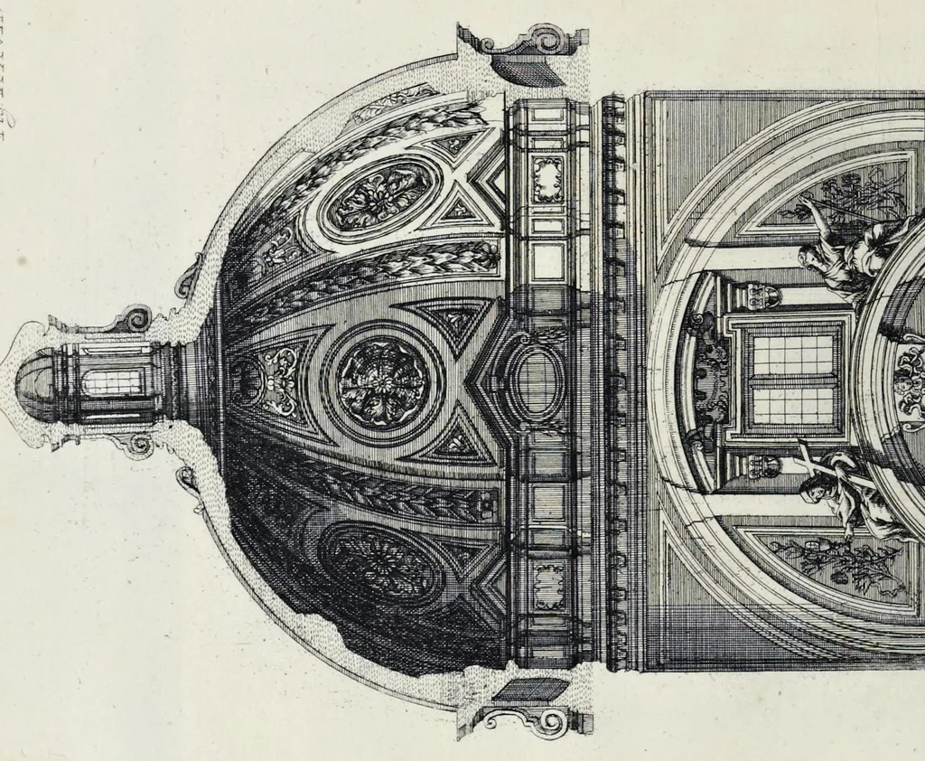 An illustration from Altaria et sacella varia templorum Romae : a celeberrimis quondam architectis structa, quibus sistuntur singulorum orthographia exterior scenographia, ichnographia cum additis ubique mensuris, 1690, leaf 103
