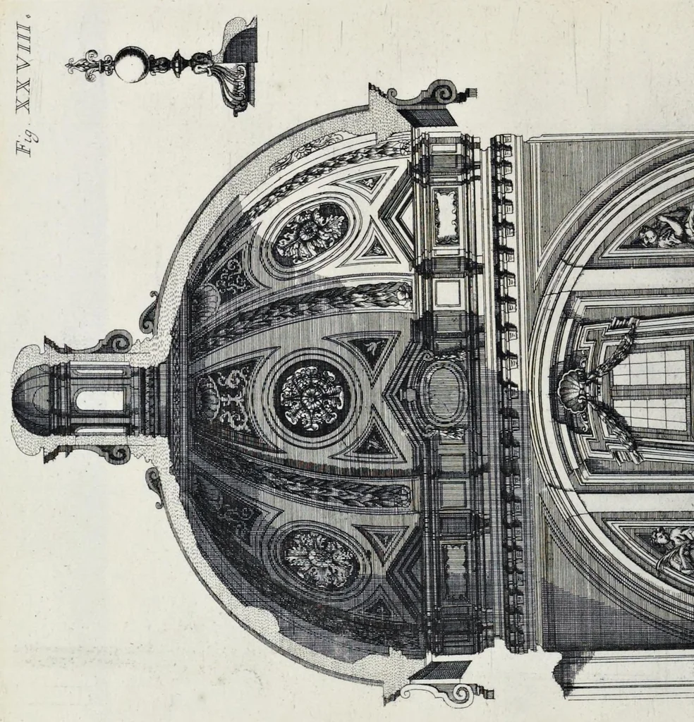 An illustration from Altaria et sacella varia templorum Romae : a celeberrimis quondam architectis structa, quibus sistuntur singulorum orthographia exterior scenographia, ichnographia cum additis ubique mensuris, 1690, leaf 107