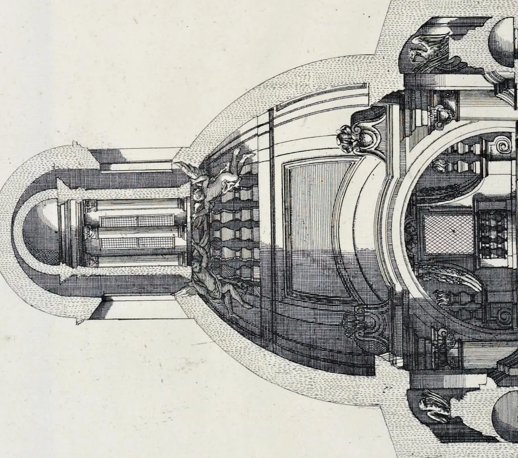 An illustration from Altaria et sacella varia templorum Romae : a celeberrimis quondam architectis structa, quibus sistuntur singulorum orthographia exterior scenographia, ichnographia cum additis ubique mensuris, 1690, leaf 111