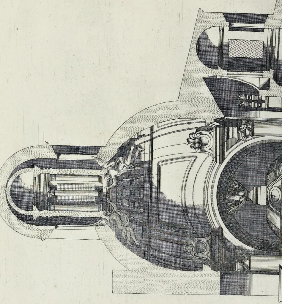 An illustration from Altaria et sacella varia templorum Romae : a celeberrimis quondam architectis structa, quibus sistuntur singulorum orthographia exterior scenographia, ichnographia cum additis ubique mensuris, 1690, leaf 115