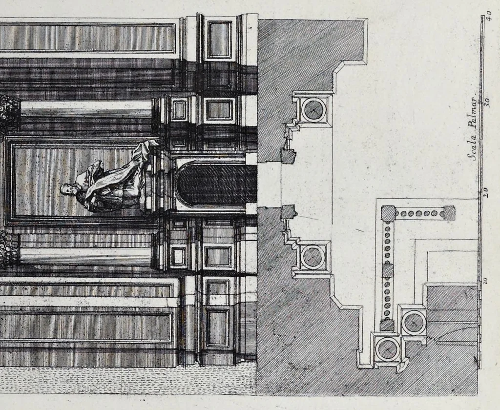 An illustration from Altaria et sacella varia templorum Romae : a celeberrimis quondam architectis structa, quibus sistuntur singulorum orthographia exterior scenographia, ichnographia cum additis ubique mensuris, 1690, leaf 124