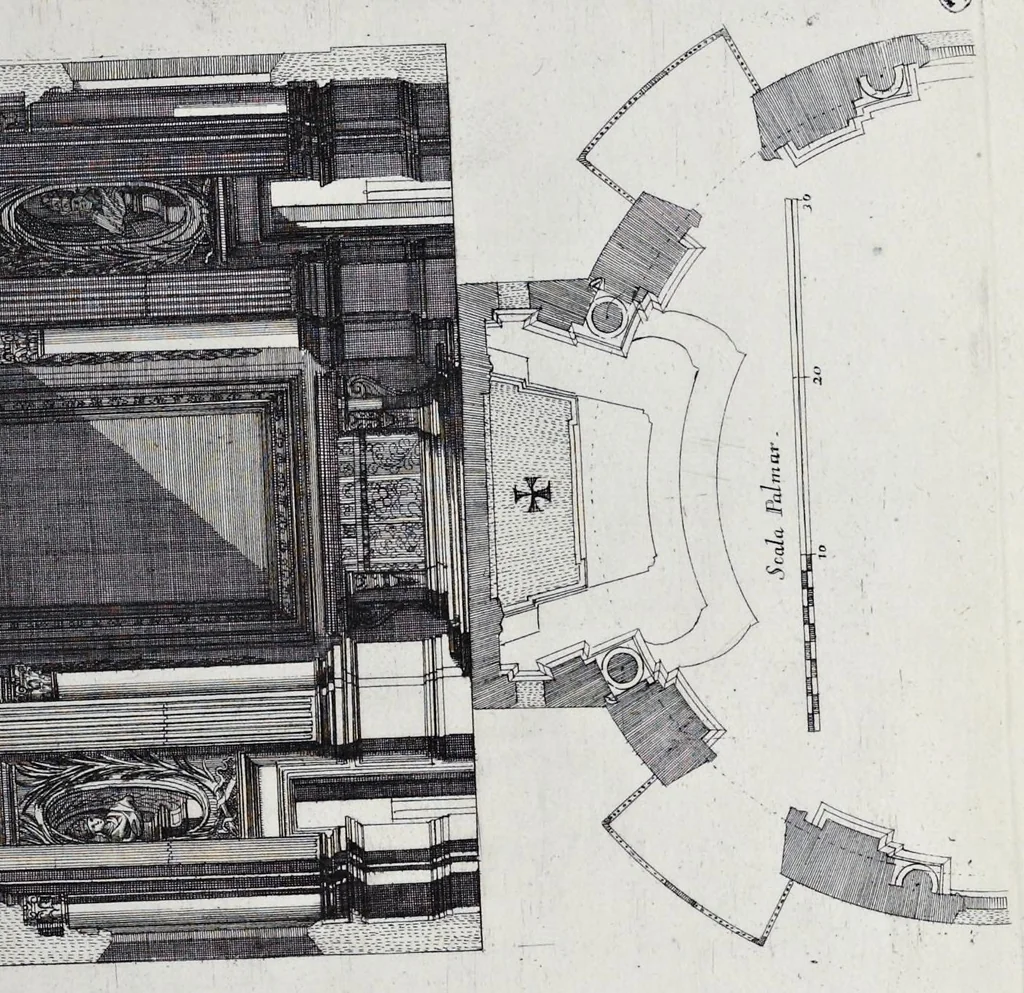 An illustration from Altaria et sacella varia templorum Romae : a celeberrimis quondam architectis structa, quibus sistuntur singulorum orthographia exterior scenographia, ichnographia cum additis ubique mensuris, 1690, leaf 128