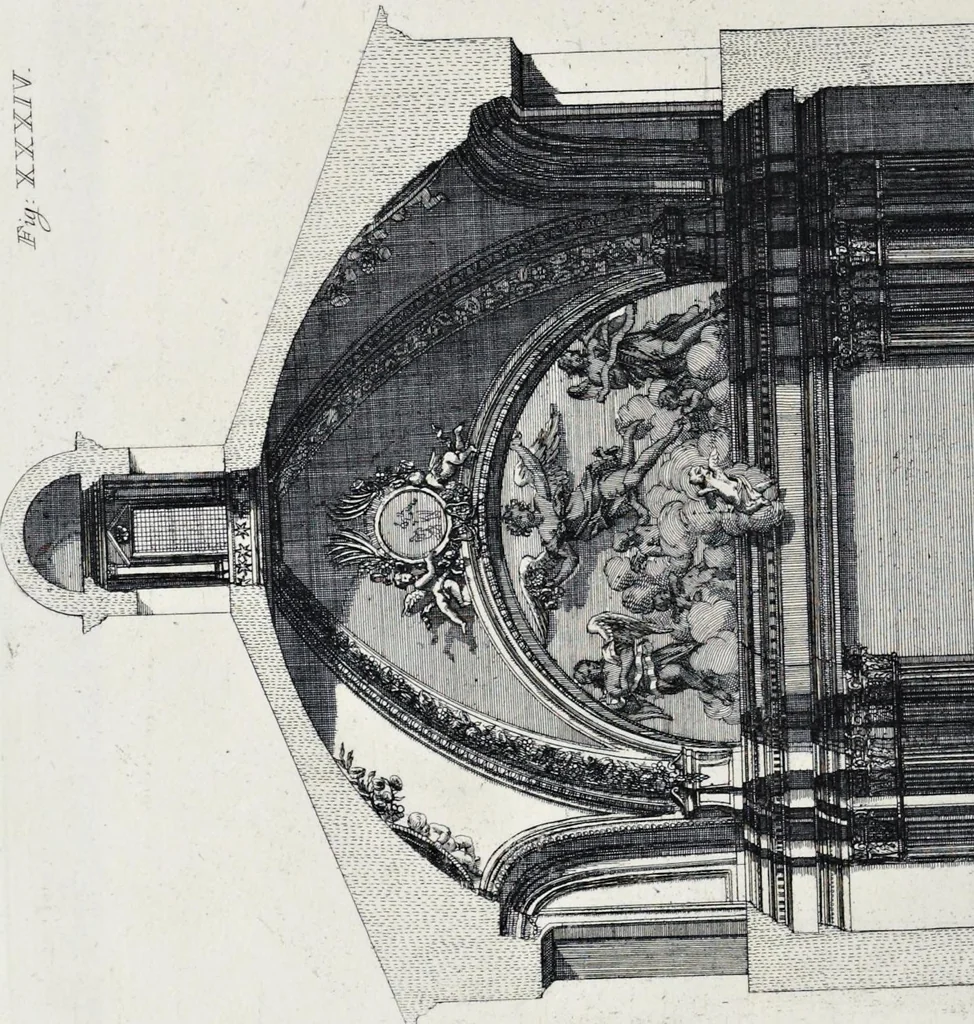 An illustration from Altaria et sacella varia templorum Romae : a celeberrimis quondam architectis structa, quibus sistuntur singulorum orthographia exterior scenographia, ichnographia cum additis ubique mensuris, 1690, leaf 131