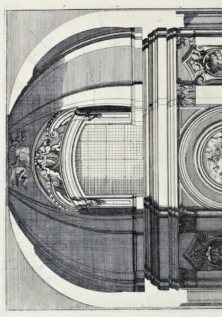 An illustration from Altaria et sacella varia templorum Romae : a celeberrimis quondam architectis structa, quibus sistuntur singulorum orthographia exterior scenographia, ichnographia cum additis ubique mensuris, 1690, leaf 135