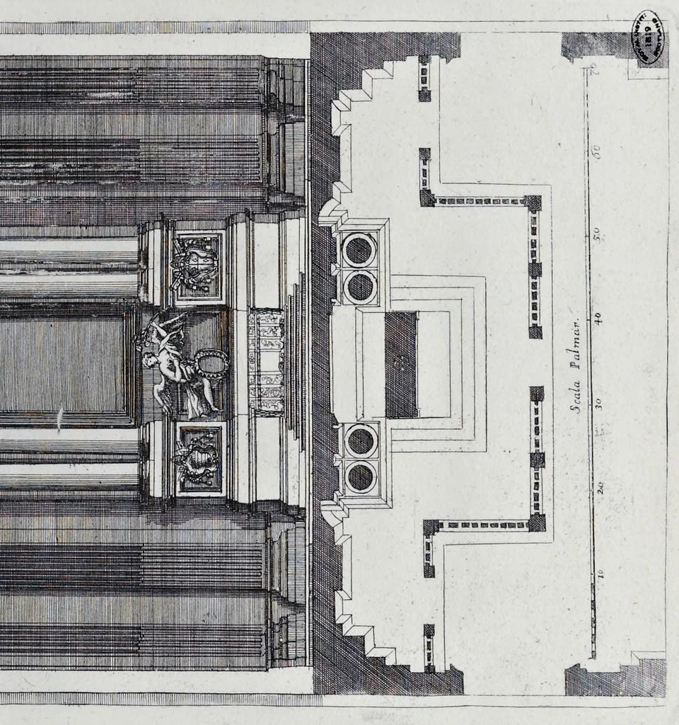 An illustration from Altaria et sacella varia templorum Romae : a celeberrimis quondam architectis structa, quibus sistuntur singulorum orthographia exterior scenographia, ichnographia cum additis ubique mensuris, 1690, leaf 138