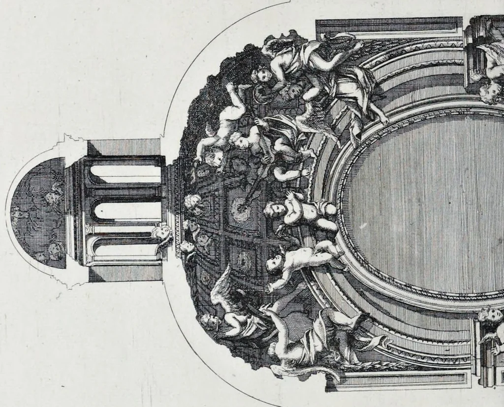 An illustration from Altaria et sacella varia templorum Romae : a celeberrimis quondam architectis structa, quibus sistuntur singulorum orthographia exterior scenographia, ichnographia cum additis ubique mensuris, 1690, leaf 145