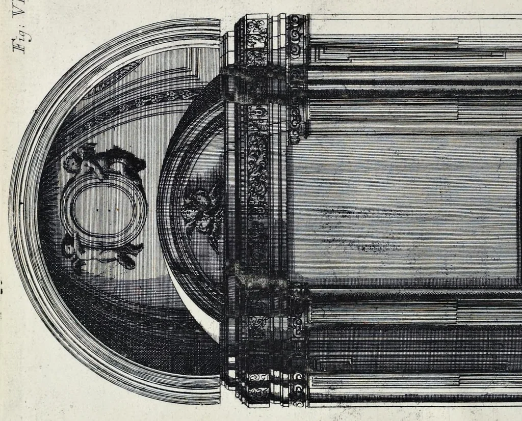 An illustration from Altaria et sacella varia templorum Romae : a celeberrimis quondam architectis structa, quibus sistuntur singulorum orthographia exterior scenographia, ichnographia cum additis ubique mensuris, 1690, leaf 23