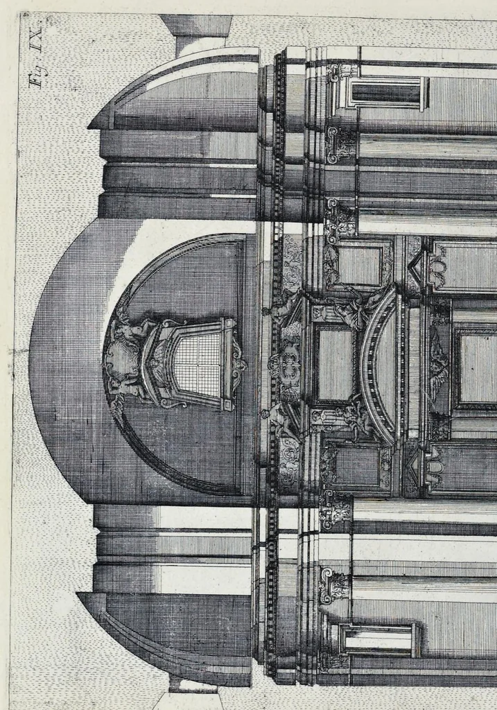 An illustration from Altaria et sacella varia templorum Romae : a celeberrimis quondam architectis structa, quibus sistuntur singulorum orthographia exterior scenographia, ichnographia cum additis ubique mensuris, 1690, leaf 35