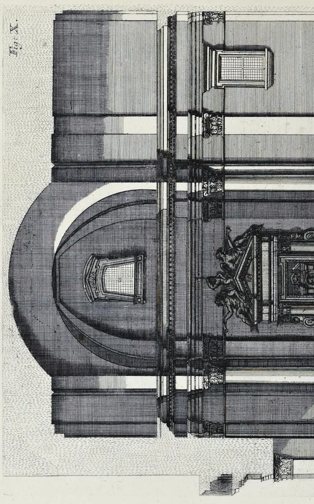 An illustration from Altaria et sacella varia templorum Romae : a celeberrimis quondam architectis structa, quibus sistuntur singulorum orthographia exterior scenographia, ichnographia cum additis ubique mensuris, 1690, leaf 39