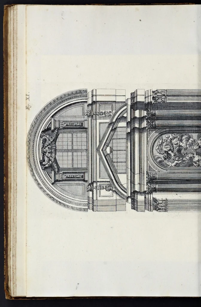 An illustration from Altaria et sacella varia templorum Romae : a celeberrimis quondam architectis structa, quibus sistuntur singulorum orthographia exterior scenographia, ichnographia cum additis ubique mensuris, 1690, leaf 43
