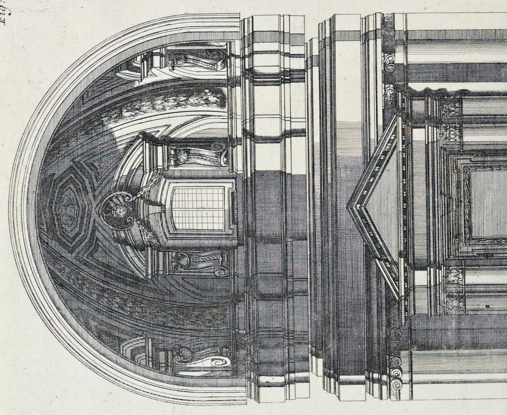 An illustration from Altaria et sacella varia templorum Romae : a celeberrimis quondam architectis structa, quibus sistuntur singulorum orthographia exterior scenographia, ichnographia cum additis ubique mensuris, 1690, leaf 51
