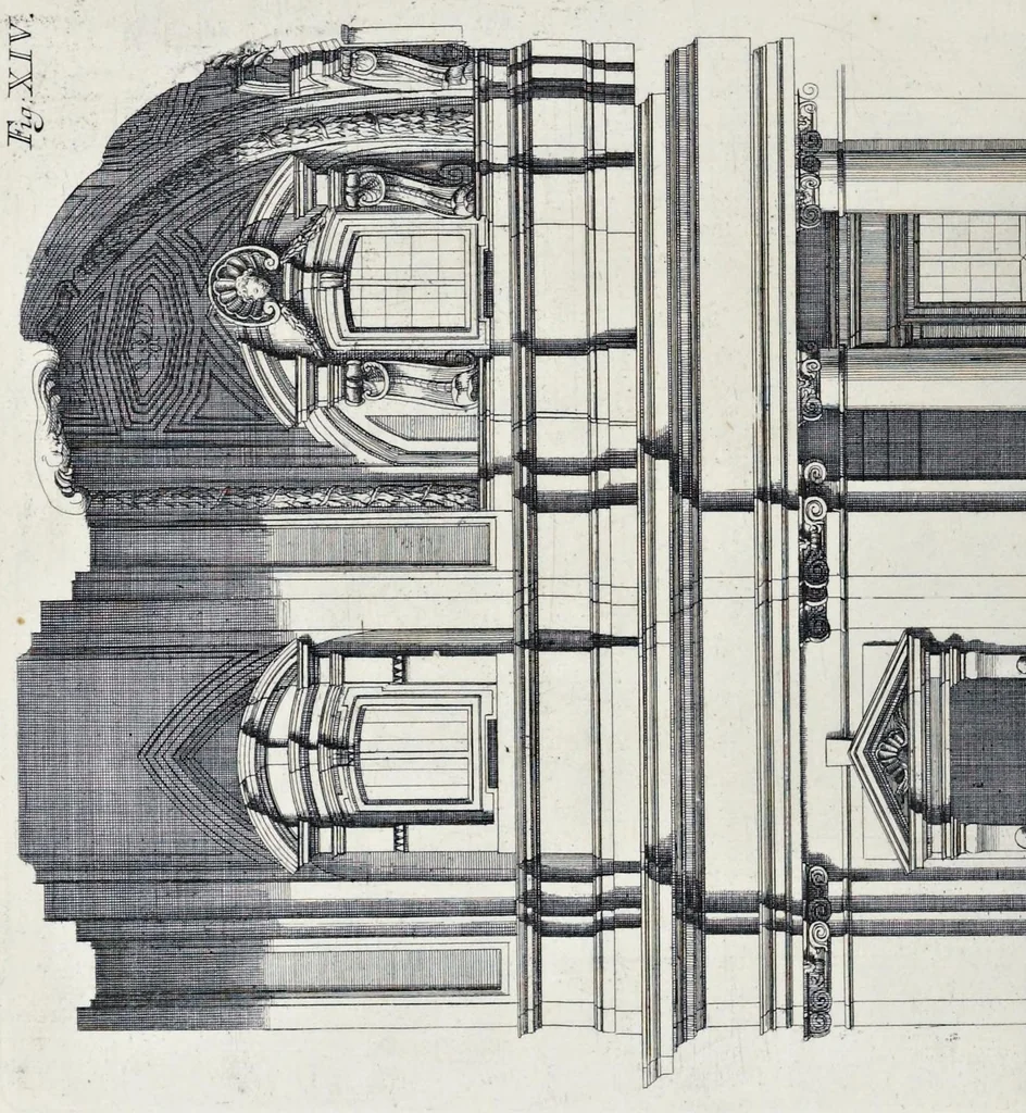 An illustration from Altaria et sacella varia templorum Romae : a celeberrimis quondam architectis structa, quibus sistuntur singulorum orthographia exterior scenographia, ichnographia cum additis ubique mensuris, 1690, leaf 55