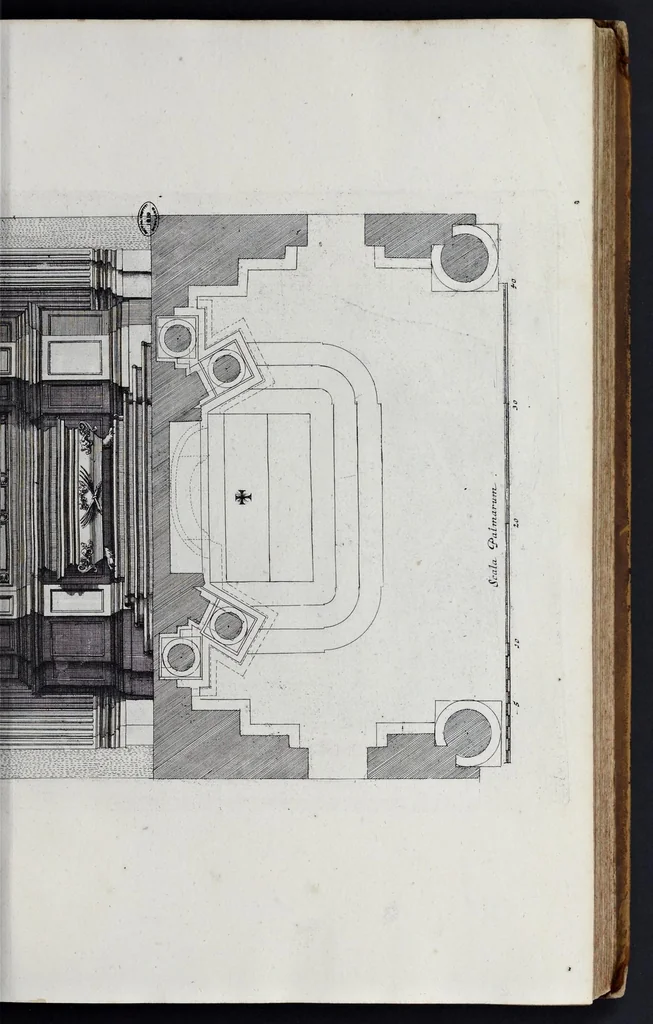 An illustration from Altaria et sacella varia templorum Romae : a celeberrimis quondam architectis structa, quibus sistuntur singulorum orthographia exterior scenographia, ichnographia cum additis ubique mensuris, 1690, leaf 60