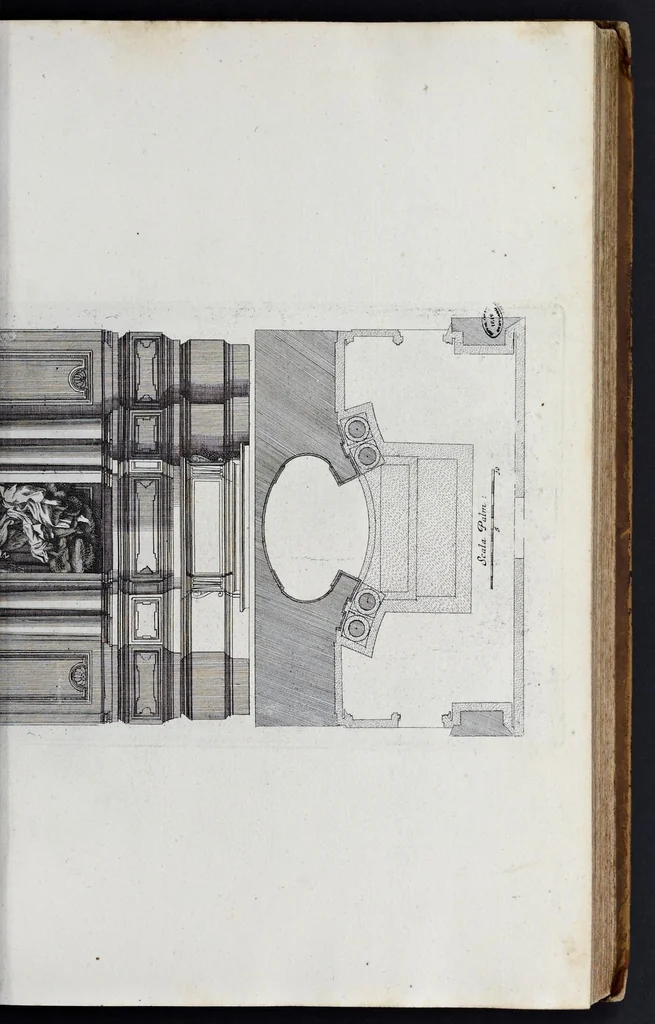 An illustration from Altaria et sacella varia templorum Romae : a celeberrimis quondam architectis structa, quibus sistuntur singulorum orthographia exterior scenographia, ichnographia cum additis ubique mensuris, 1690, leaf 68