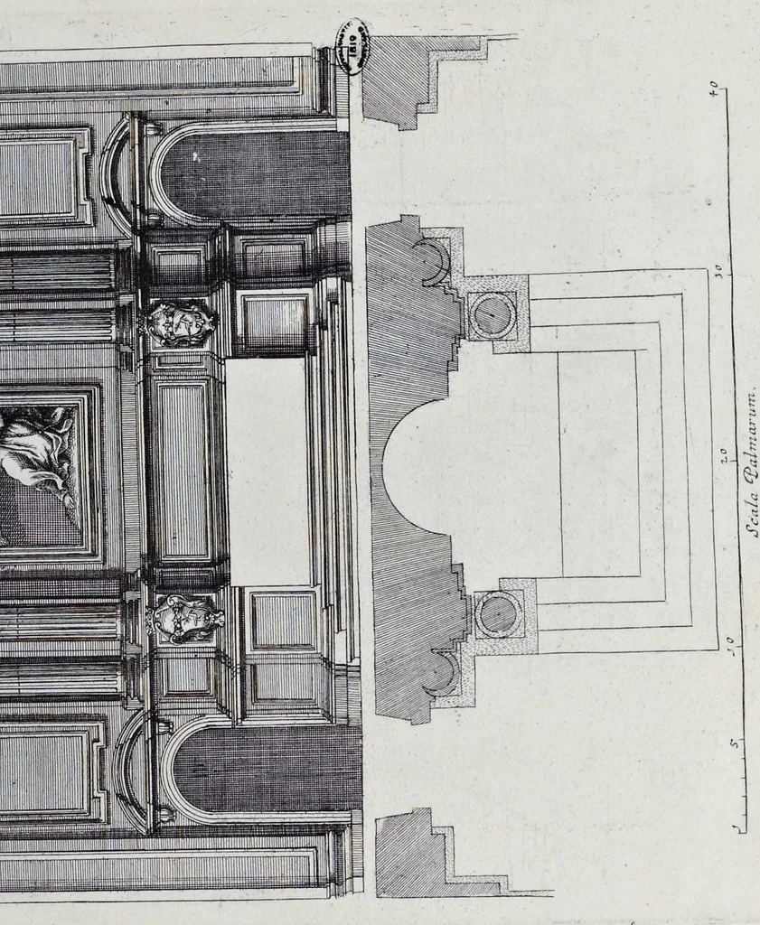 An illustration from Altaria et sacella varia templorum Romae : a celeberrimis quondam architectis structa, quibus sistuntur singulorum orthographia exterior scenographia, ichnographia cum additis ubique mensuris, 1690, leaf 80