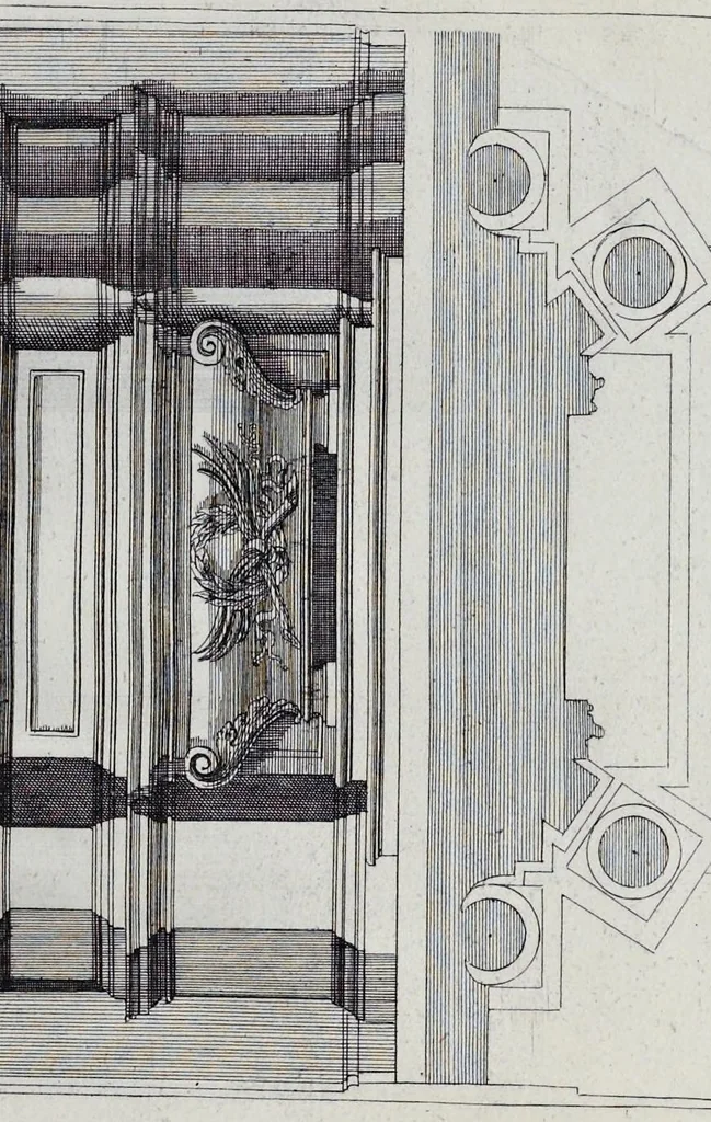 An illustration from Altaria et sacella varia templorum Romae : a celeberrimis quondam architectis structa, quibus sistuntur singulorum orthographia exterior scenographia, ichnographia cum additis ubique mensuris, 1690, leaf 92