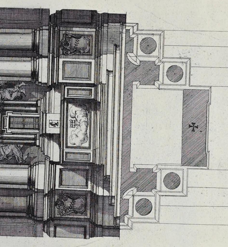 An illustration from Altaria et sacella varia templorum Romae : a celeberrimis quondam architectis structa, quibus sistuntur singulorum orthographia exterior scenographia, ichnographia cum additis ubique mensuris, 1690, leaf 96