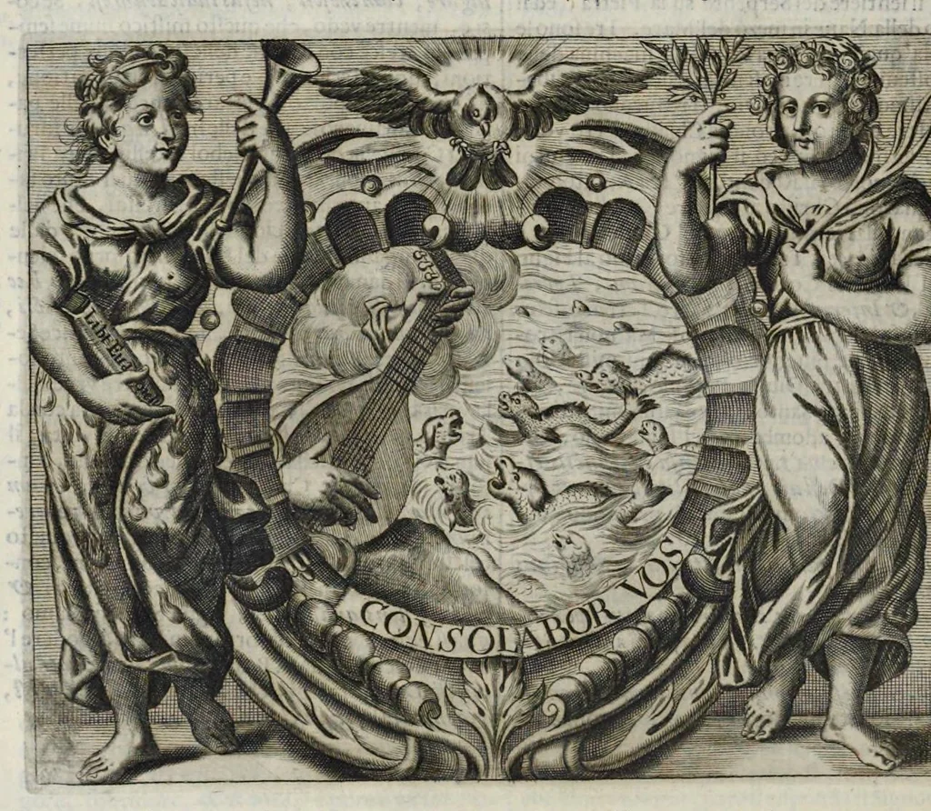 An illustration from Simboli festiui : per le solennità principali di Christo nostro signore, della Beata Vergine Maria, degl'apostoli, e d'altri santi, che frà l'anno da chiesa santa di suo precetto si celebrano, 1698, leaf 187