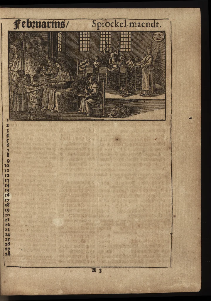 An illustration from Comptoir almanach, op 't jaar onses heeren Jesu Christi M.DC.LXXXX. na de nieuwe en oude-stijl : voorsien met de jaar-marckten, paarde, beeste, en leer-markten : alsmede de vacantien voor den hove van Hollant in 'sGravenhage, Uptrecht, Vrieslant, Amsterdam, &c. : ook op wat uur de post-wagens, treck-schupten en boodens moeten afvaren : noch zijn hier in gesteldt de dagelijckse uuren van des maens op en ondergang, alsmede op wat uur en plaets het met de nieuwe en volle maen hoog en laeg water is, 1690, leaf 16