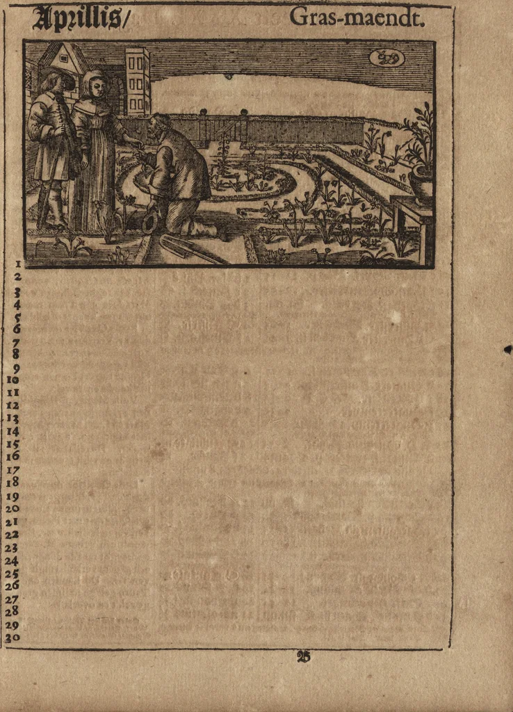 An illustration from Comptoir almanach, op 't jaar onses heeren Jesu Christi M.DC.LXXXX. na de nieuwe en oude-stijl : voorsien met de jaar-marckten, paarde, beeste, en leer-markten : alsmede de vacantien voor den hove van Hollant in 'sGravenhage, Uptrecht, Vrieslant, Amsterdam, &c. : ook op wat uur de post-wagens, treck-schupten en boodens moeten afvaren : noch zijn hier in gesteldt de dagelijckse uuren van des maens op en ondergang, alsmede op wat uur en plaets het met de nieuwe en volle maen hoog en laeg water is, 1690, leaf 28