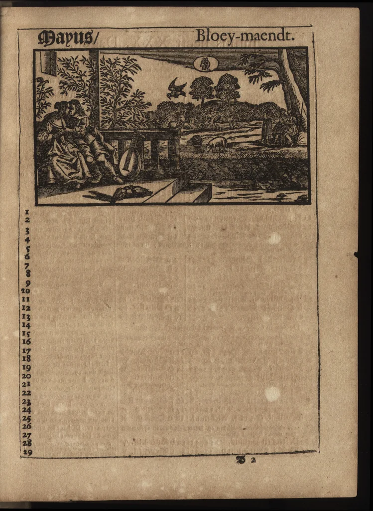 An illustration from Comptoir almanach, op 't jaar onses heeren Jesu Christi M.DC.LXXXX. na de nieuwe en oude-stijl : voorsien met de jaar-marckten, paarde, beeste, en leer-markten : alsmede de vacantien voor den hove van Hollant in 'sGravenhage, Uptrecht, Vrieslant, Amsterdam, &c. : ook op wat uur de post-wagens, treck-schupten en boodens moeten afvaren : noch zijn hier in gesteldt de dagelijckse uuren van des maens op en ondergang, alsmede op wat uur en plaets het met de nieuwe en volle maen hoog en laeg water is, 1690, leaf 34