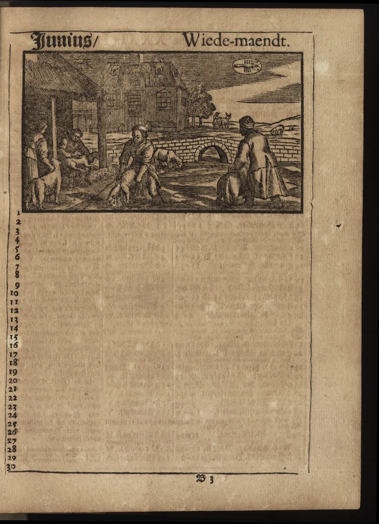 An illustration from Comptoir almanach, op 't jaar onses heeren Jesu Christi M.DC.LXXXX. na de nieuwe en oude-stijl : voorsien met de jaar-marckten, paarde, beeste, en leer-markten : alsmede de vacantien voor den hove van Hollant in 'sGravenhage, Uptrecht, Vrieslant, Amsterdam, &c. : ook op wat uur de post-wagens, treck-schupten en boodens moeten afvaren : noch zijn hier in gesteldt de dagelijckse uuren van des maens op en ondergang, alsmede op wat uur en plaets het met de nieuwe en volle maen hoog en laeg water is, 1690, leaf 40