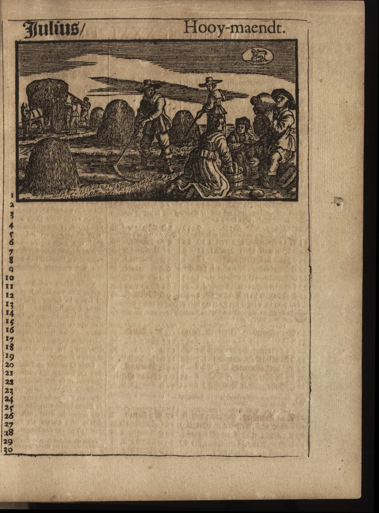 An illustration from Comptoir almanach, op 't jaar onses heeren Jesu Christi M.DC.LXXXX. na de nieuwe en oude-stijl : voorsien met de jaar-marckten, paarde, beeste, en leer-markten : alsmede de vacantien voor den hove van Hollant in 'sGravenhage, Uptrecht, Vrieslant, Amsterdam, &c. : ook op wat uur de post-wagens, treck-schupten en boodens moeten afvaren : noch zijn hier in gesteldt de dagelijckse uuren van des maens op en ondergang, alsmede op wat uur en plaets het met de nieuwe en volle maen hoog en laeg water is, 1690, leaf 46