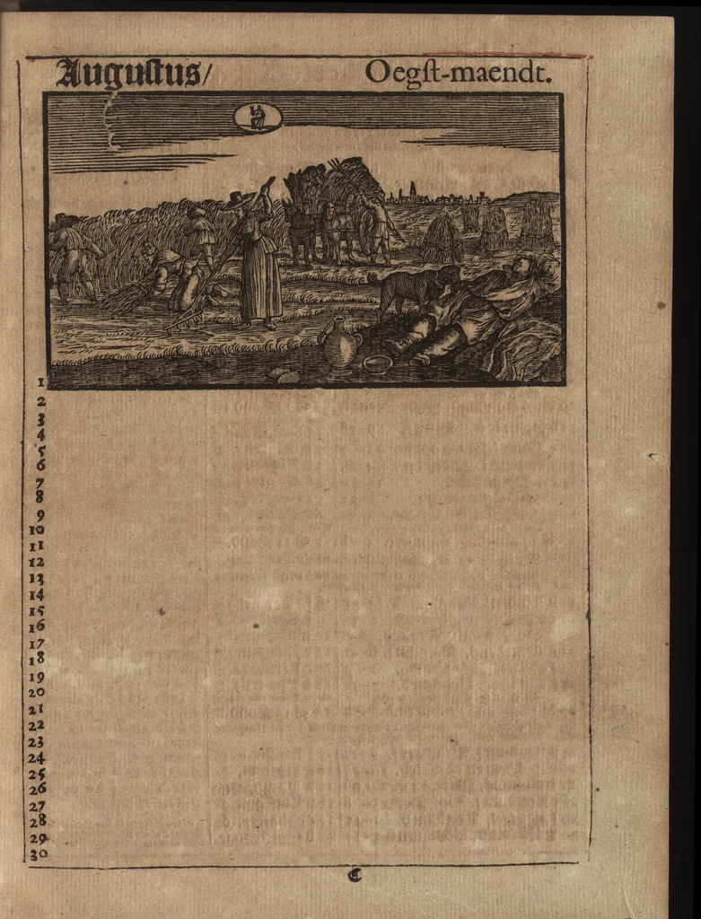 An illustration from Comptoir almanach, op 't jaar onses heeren Jesu Christi M.DC.LXXXX. na de nieuwe en oude-stijl : voorsien met de jaar-marckten, paarde, beeste, en leer-markten : alsmede de vacantien voor den hove van Hollant in 'sGravenhage, Uptrecht, Vrieslant, Amsterdam, &c. : ook op wat uur de post-wagens, treck-schupten en boodens moeten afvaren : noch zijn hier in gesteldt de dagelijckse uuren van des maens op en ondergang, alsmede op wat uur en plaets het met de nieuwe en volle maen hoog en laeg water is, 1690, leaf 52