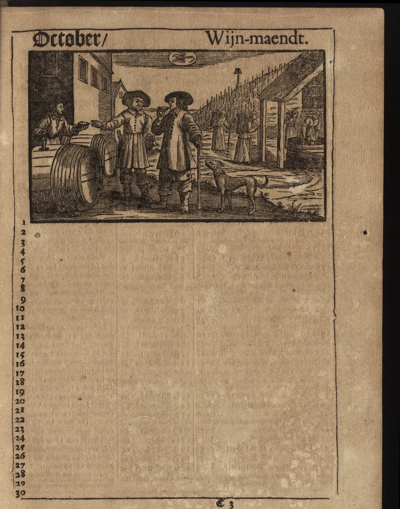 An illustration from Comptoir almanach, op 't jaar onses heeren Jesu Christi M.DC.LXXXX. na de nieuwe en oude-stijl : voorsien met de jaar-marckten, paarde, beeste, en leer-markten : alsmede de vacantien voor den hove van Hollant in 'sGravenhage, Uptrecht, Vrieslant, Amsterdam, &c. : ook op wat uur de post-wagens, treck-schupten en boodens moeten afvaren : noch zijn hier in gesteldt de dagelijckse uuren van des maens op en ondergang, alsmede op wat uur en plaets het met de nieuwe en volle maen hoog en laeg water is, 1690, leaf 64
