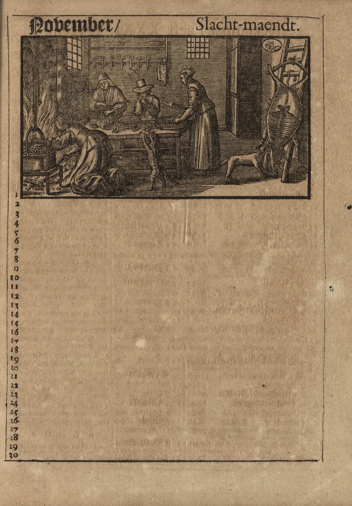 An illustration from Comptoir almanach, op 't jaar onses heeren Jesu Christi M.DC.LXXXX. na de nieuwe en oude-stijl : voorsien met de jaar-marckten, paarde, beeste, en leer-markten : alsmede de vacantien voor den hove van Hollant in 'sGravenhage, Uptrecht, Vrieslant, Amsterdam, &c. : ook op wat uur de post-wagens, treck-schupten en boodens moeten afvaren : noch zijn hier in gesteldt de dagelijckse uuren van des maens op en ondergang, alsmede op wat uur en plaets het met de nieuwe en volle maen hoog en laeg water is, 1690, leaf 70