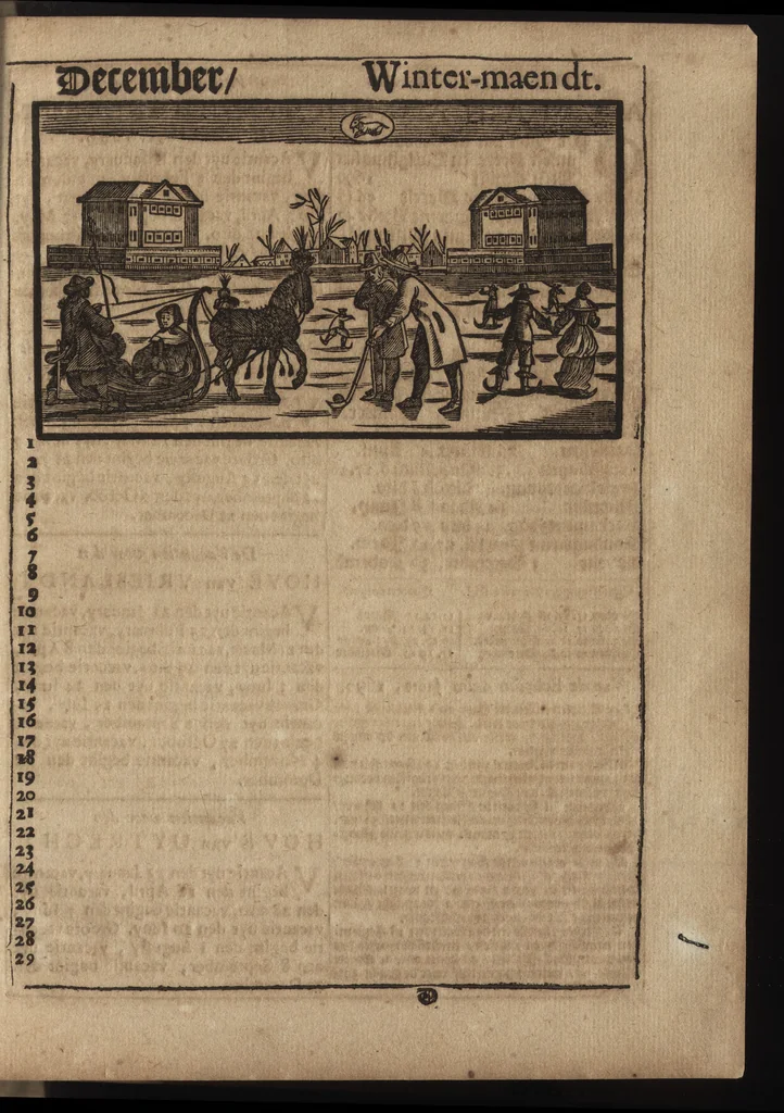 An illustration from Comptoir almanach, op 't jaar onses heeren Jesu Christi M.DC.LXXXX. na de nieuwe en oude-stijl : voorsien met de jaar-marckten, paarde, beeste, en leer-markten : alsmede de vacantien voor den hove van Hollant in 'sGravenhage, Uptrecht, Vrieslant, Amsterdam, &c. : ook op wat uur de post-wagens, treck-schupten en boodens moeten afvaren : noch zijn hier in gesteldt de dagelijckse uuren van des maens op en ondergang, alsmede op wat uur en plaets het met de nieuwe en volle maen hoog en laeg water is, 1690, leaf 76