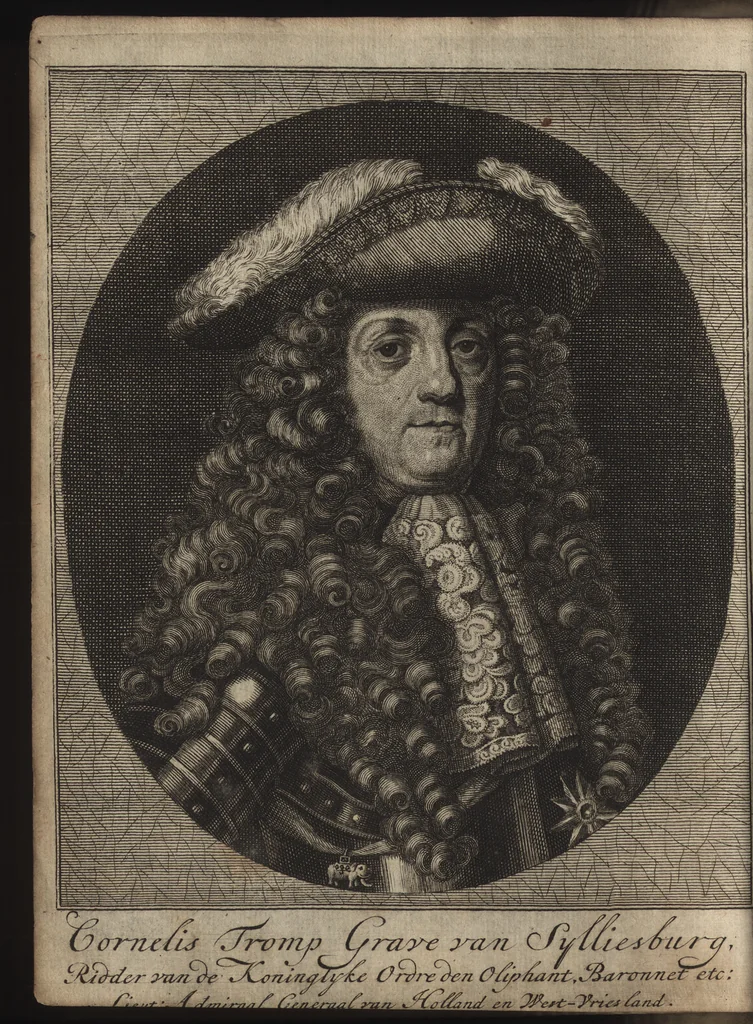 An illustration from Leven en bedryf van den vermaarden zeeheld Cornelis Tromp, graaf van Sylliesburg, ridder van den Olifant, baronnet, &c., lieutenant admiraal generaal van Holland en Westvriesland : ondermengd met de voornaamste daaden van verscheidene andere zeehoofden, en voornaamentlijk met die van Martin Harpertsz. Tromp : benevens een naauwkeurig verhaal van der Nederlanderen en hunner bondgenooten oorlogen, sedert den jaare 1650 tegens verscheidene volkeren gevoerd : voorzien met alle de noodige authentyke stukken en bewyzen, en vercierd met schoone kopere figuuren, 1692, leaf 13