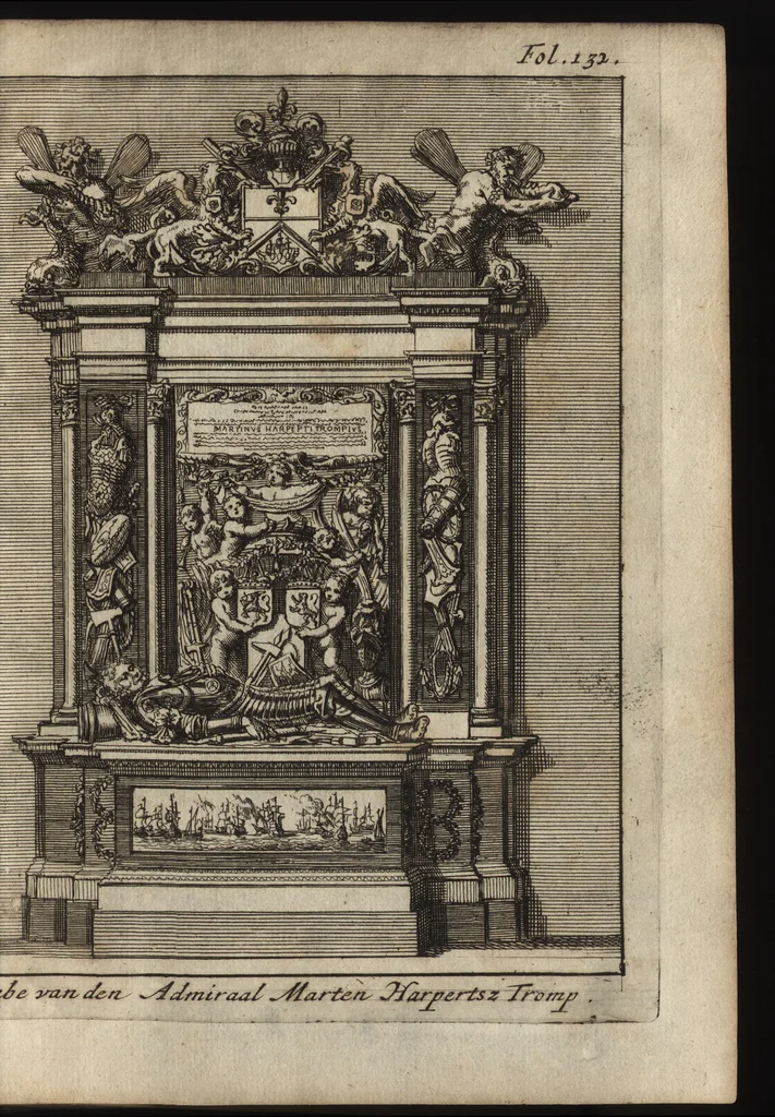 An illustration from Leven en bedryf van den vermaarden zeeheld Cornelis Tromp, graaf van Sylliesburg, ridder van den Olifant, baronnet, &c., lieutenant admiraal generaal van Holland en Westvriesland : ondermengd met de voornaamste daaden van verscheidene andere zeehoofden, en voornaamentlijk met die van Martin Harpertsz. Tromp : benevens een naauwkeurig verhaal van der Nederlanderen en hunner bondgenooten oorlogen, sedert den jaare 1650 tegens verscheidene volkeren gevoerd : voorzien met alle de noodige authentyke stukken en bewyzen, en vercierd met schoone kopere figuuren, 1692, leaf 148