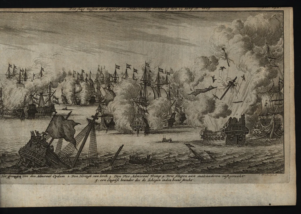 An illustration from Leven en bedryf van den vermaarden zeeheld Cornelis Tromp, graaf van Sylliesburg, ridder van den Olifant, baronnet, &c., lieutenant admiraal generaal van Holland en Westvriesland : ondermengd met de voornaamste daaden van verscheidene andere zeehoofden, en voornaamentlijk met die van Martin Harpertsz. Tromp : benevens een naauwkeurig verhaal van der Nederlanderen en hunner bondgenooten oorlogen, sedert den jaare 1650 tegens verscheidene volkeren gevoerd : voorzien met alle de noodige authentyke stukken en bewyzen, en vercierd met schoone kopere figuuren, 1692, leaf 270