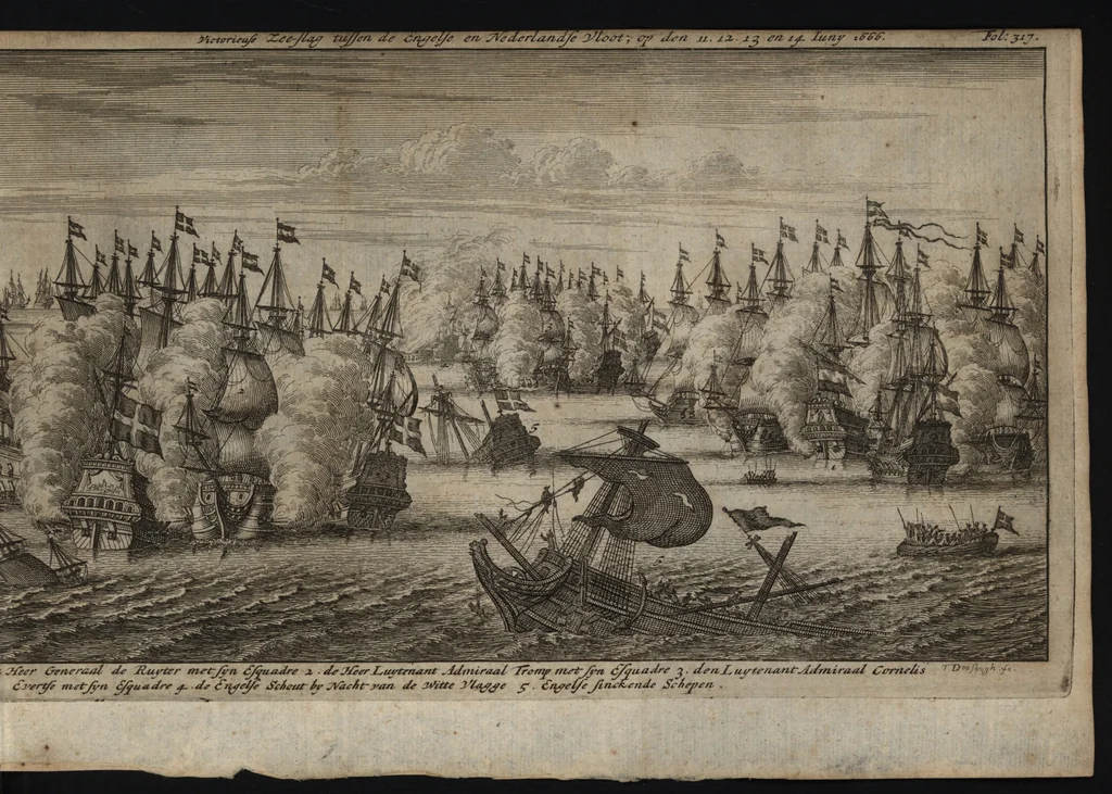 An illustration from Leven en bedryf van den vermaarden zeeheld Cornelis Tromp, graaf van Sylliesburg, ridder van den Olifant, baronnet, &c., lieutenant admiraal generaal van Holland en Westvriesland : ondermengd met de voornaamste daaden van verscheidene andere zeehoofden, en voornaamentlijk met die van Martin Harpertsz. Tromp : benevens een naauwkeurig verhaal van der Nederlanderen en hunner bondgenooten oorlogen, sedert den jaare 1650 tegens verscheidene volkeren gevoerd : voorzien met alle de noodige authentyke stukken en bewyzen, en vercierd met schoone kopere figuuren, 1692, leaf 336