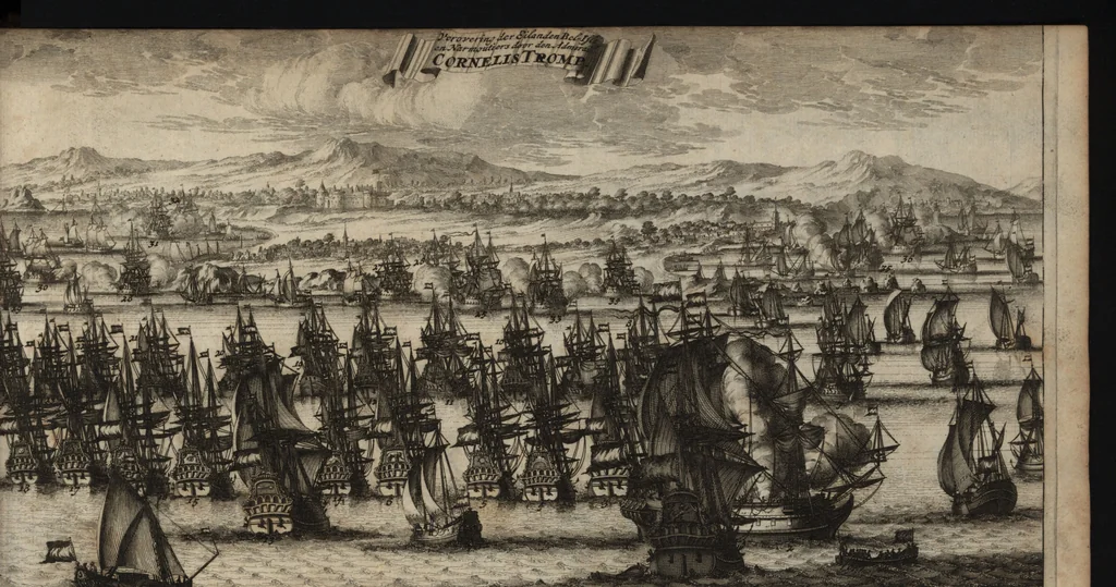 An illustration from Leven en bedryf van den vermaarden zeeheld Cornelis Tromp, graaf van Sylliesburg, ridder van den Olifant, baronnet, &c., lieutenant admiraal generaal van Holland en Westvriesland : ondermengd met de voornaamste daaden van verscheidene andere zeehoofden, en voornaamentlijk met die van Martin Harpertsz. Tromp : benevens een naauwkeurig verhaal van der Nederlanderen en hunner bondgenooten oorlogen, sedert den jaare 1650 tegens verscheidene volkeren gevoerd : voorzien met alle de noodige authentyke stukken en bewyzen, en vercierd met schoone kopere figuuren, 1692, leaf 484